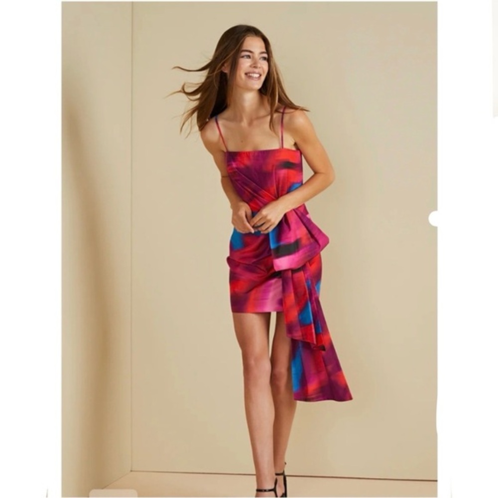 Amur Dress Finnegan Mini Bow Front in Red Pink Blue Abstract